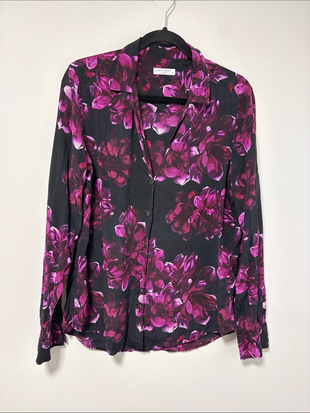 Equipment Silk Black Button-Down Shirt with Magenta Floral Print